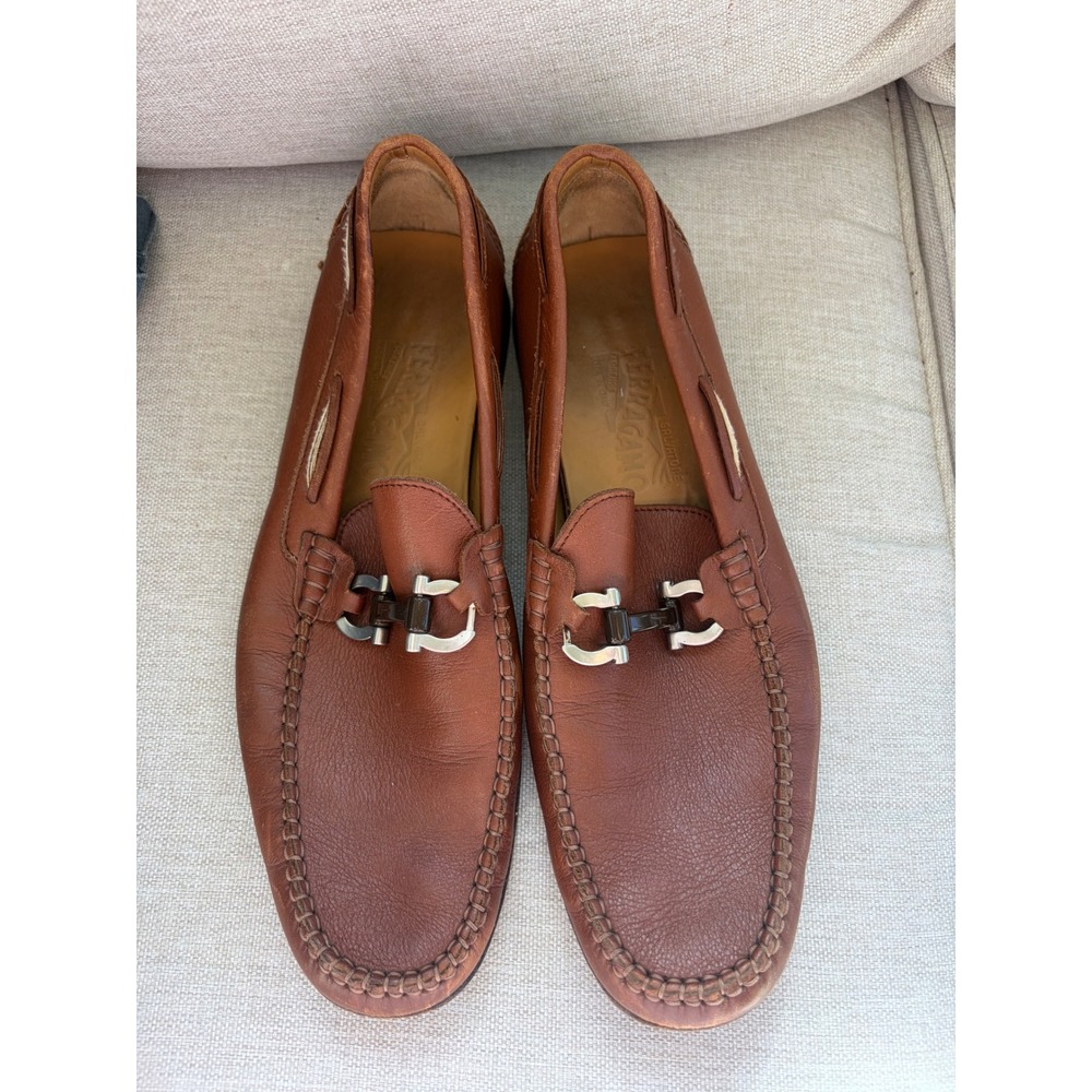 Salvatore Ferragamo Loafers Mens 9 Brown Leather Gancini Bit Fair Condition